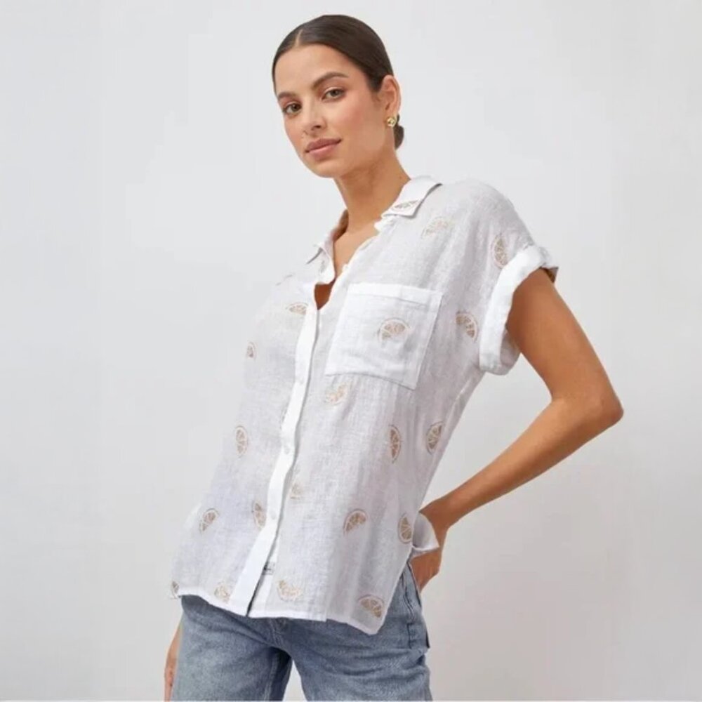 Rails Whitney glitter lemons short sleeve linen blend button up top / sz M